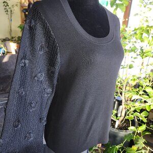 Nanette Lepore Black Knit Top with Rose Embellished Semi Sheer Sleeves M